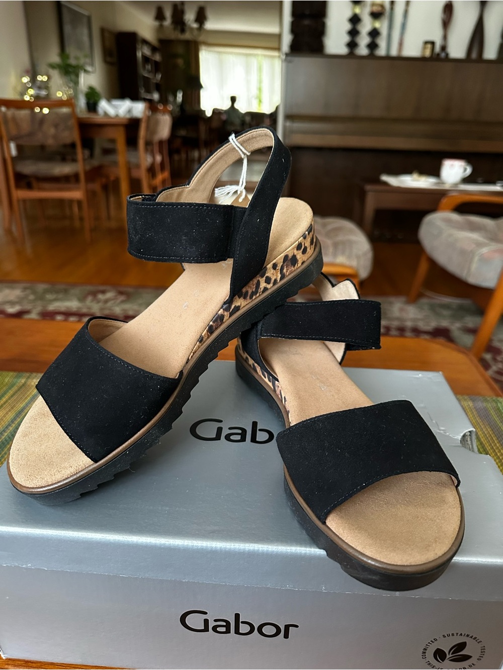 ✨ BRAND NEW IN BOX ✨ Gabor Black Suede Wedge Sandals with Leopard Detail SIZE 9🐆
